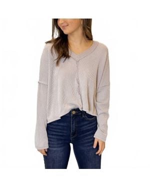 Karlie Ribbed V-Neck Center Seam Cozy Sweatshirt Top - Gray