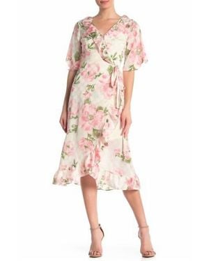 MELLODAY Floral Short Sleeve Ruffle Wrap High Low Dress - Pink