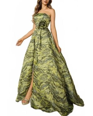 Terani Lava Jacquard Sleeveless High Slit Evening Ballgown - Green