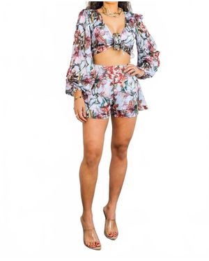 SurelyMine Floral Cutout Tie Front Shorts Set - Blue