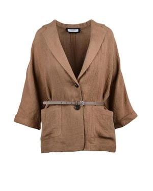 Peserico Lightweight Linen Blazer With Leather Waist Detail - Brown