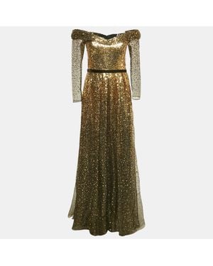 Marchesa Sequin Embellished Tulle Off Shoulder Gown - Green