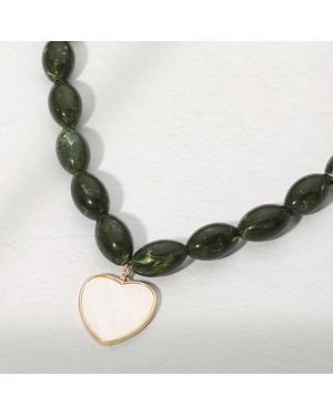 Fashnzfab Mother Of Pearl Heart Plate Pendant Chunky Beaded Statement Necklace - Green