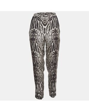 Roberto Cavalli Leopard Print Silk Drawstring Waist Pants - Black