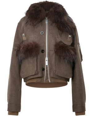 Sacai Cropped Wool Melton Blouson With Plush Fur Collar - Brown