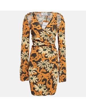 Nanushka Floral Print Crepe Cut-Out Mini Wrap Dress - Orange