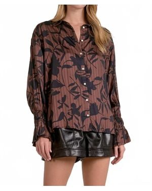 Elan Flair Sleeve Button Down Top - Brown