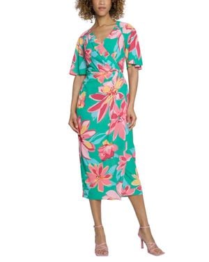 Maggy London Floral Flutter Sleeve Faux-Wrap Dress - Blue