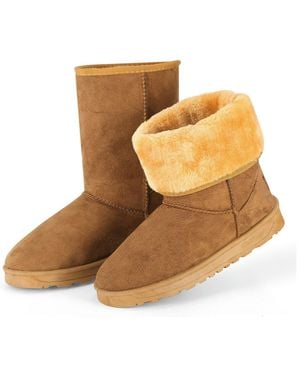 Global Bazaar Ladies Snow Boots Waterproof Faux Suede Mid-Calf Boots Fur Warm Lining Shoes - Brown
