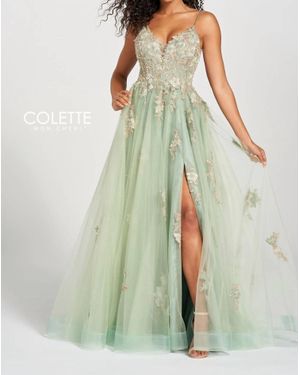 Colette By Daphne Tulle Ball Gown With Slit - Green