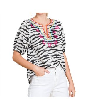 Jodifil Zebra Print Embroidered Yoke Top - Multicolor