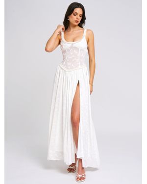 Miss Circle Ulissa Square Neck Jacquard Textured High Slit Maxi Dress - White