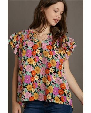 TRUEDAMES Full Size Floral Printed Smocked Top Plus Size - Gray