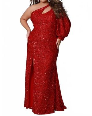 Sydney's Closet Sequin One Shoulder Long Sleeve Gown - Red