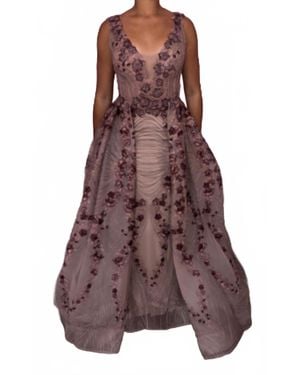 Mambo Couture V-Neck Floral Applique Gown - Brown