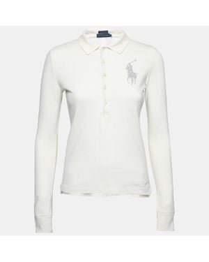 Ralph Lauren Cream Cotton Pique Logo Embellished Skinny Polo T-Shirt - White