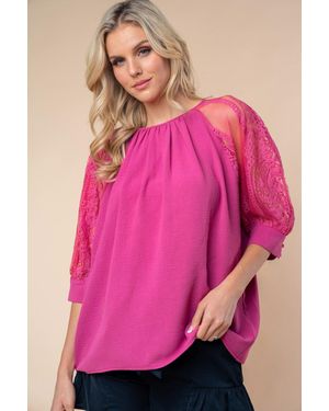 TRUEDAMES Birch Round Neck Lace Half Sleeve Blouse - Pink