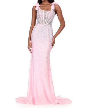 Ashley Lauren Square Neck Pearl Embellished Prom Dress - Pink