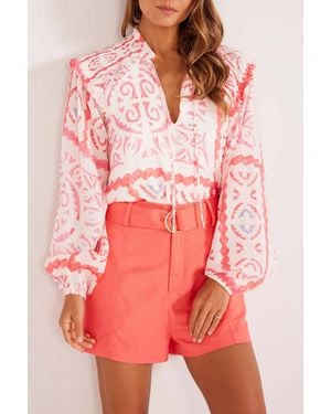 TRUEDAMES Vintage Print Smocked Poet Collar Billowy Blouson Sleeves Blouse - Red