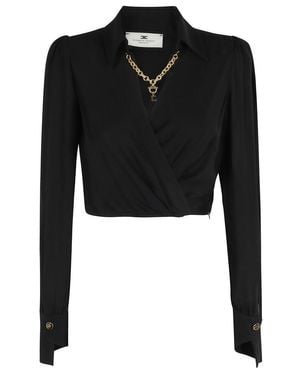 Elisabetta Franchi Cropped Long-Sleeve Shirt With V-Neckline - Black