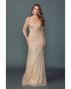 DQ Off-Shoulder Illusion Sleeve Embellished Fitted Prom Dress With Sheer Beaded Overlay And Sweep Train - Gray