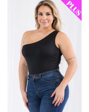 TRUEDAMES Plus Size One Shoulder Solid Casual Bodysuit - Black