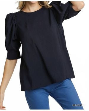 Umgee Round Neck Pleated Boxy Cut Top With Bubble Short Sleeves - Blue