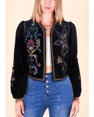 Modenaire Floral Embroidered Bolero With Trim - Blue