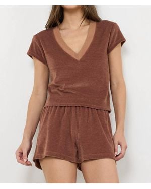 Lamade Suri Deep V-Neck Cap Sleeve Velour Tee - Brown