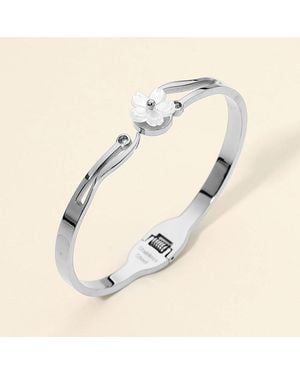 Fashnzfab Stainless Steel Floral Crystal Accent Hinged Bangle Bracelet - Natural