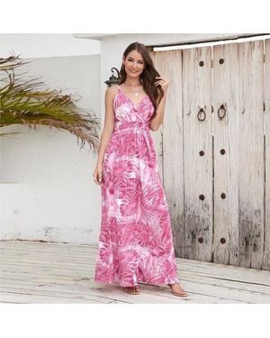 TRUEDAMES Summer Sexy Fashion Bohemian Print V-Neck Suspender Dress - Pink
