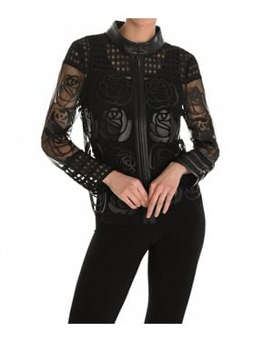 FRANK LYMAN Sheer Floral Mesh Jacket With Faux Leather Trim - Black