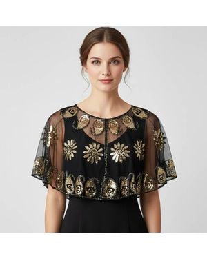 TRUEDAMES Floral Sequin Embellished Sheer Cape Shawl Top - Black