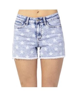 Judy Blue Mid Rise Star Print Acid Wash Cut Off Shorts - Blue