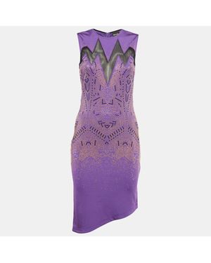 Just Cavalli Studded Mesh Trim Jersey Asymmetric Dress - Purple