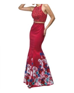 Dancing Queen Embroidered Halter Neck Mermaid Gown With Floral Hem Detail