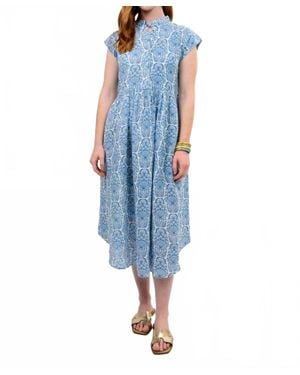 Uncle Frank Linen Ruffled Round Neck Dress - Blue