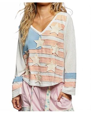 Pol Patriotic Patch V-Neck Pullover - Gray