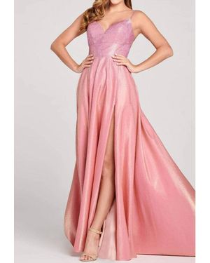 Ellie Wilde Strappy Open Back Crystal Studded Satin Prom Gown - Pink