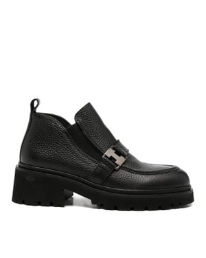 ADRIANNA FERETTI Chunky Block Heel Metallic Buckle Leather Loafers - Black
