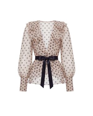 Saiid Kobeisy Polka Dot Chiffon Blouse With Ruffled Neckline And Crystal Embellishments - White