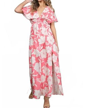 Vine & Love Floral Flutter Sleeve Slit Detail Maxi Dress - Pink