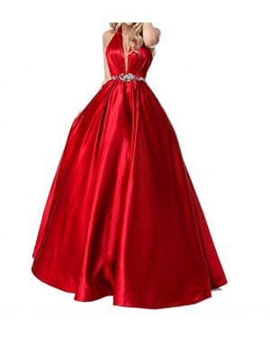 Sherri Hill Halter Beaded Waist Satin Formal Maxi Dress - Red