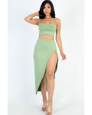 TRUEDAMES Crop Cami & Split Thigh Maxi Skirt Set - Green