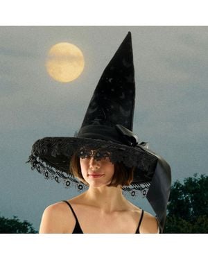 Fashnzfab Bow Pointed Flower Lace Around Halloween Witch Hat - Black