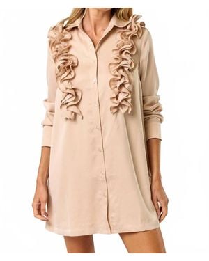 Lalavon Satin Ruffle Detail Button Down Shirt Dress - Natural