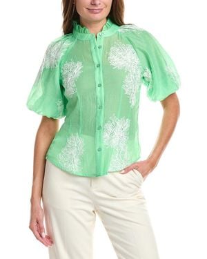 Gracia Puff Sleeve Embroidered Organza Top - Green