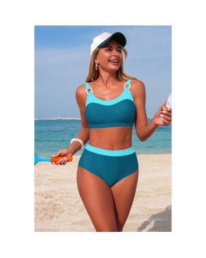 TRUEDAMES Two Piece Colorblock Sleeveless Back Knot Bikini - Blue
