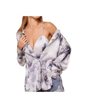 Ces Femme Monica Tie Dye Print Boyfriend Satin Shirt And Matching Crop Top - Purple