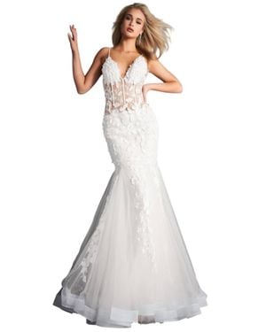 Jovani Floral Appliques Corset Bodice Tulle Trumpet Gown - White